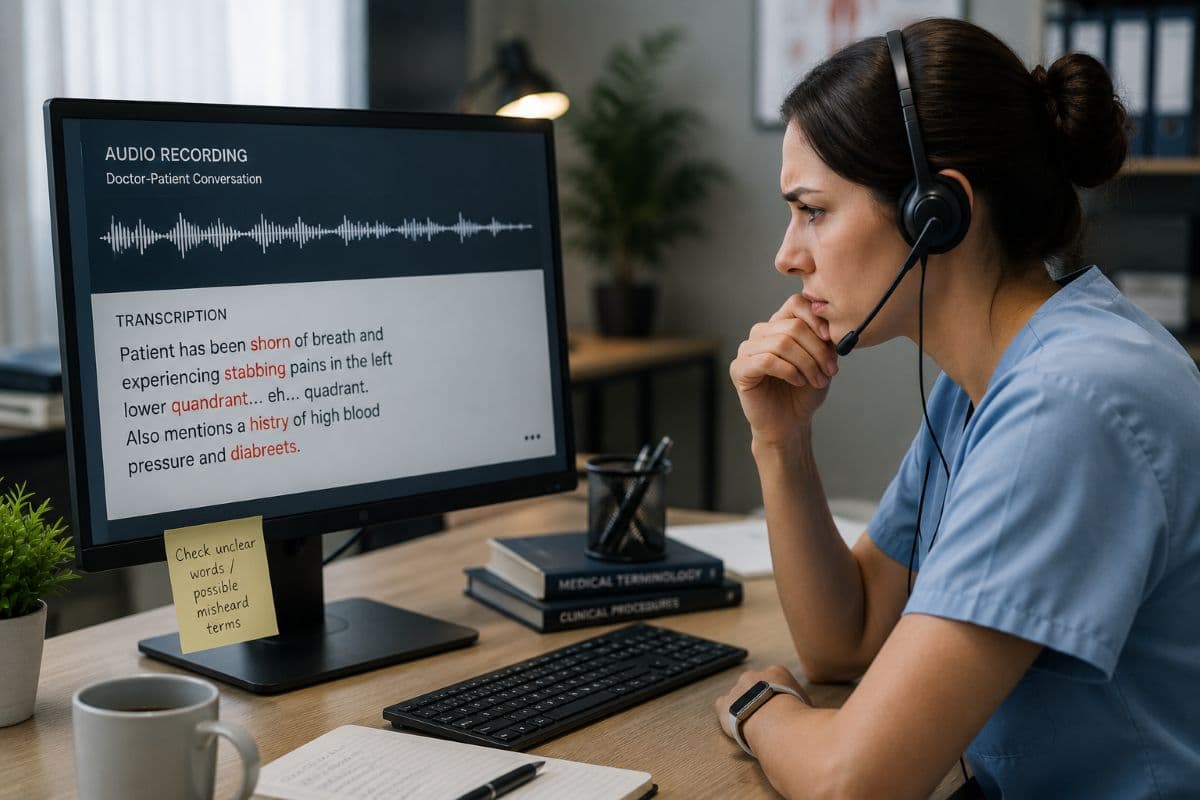 Medical transcriptionist reviewing a doctor-patient audio recording with unclear speech and accent-related transcription challenges in a clinical office.